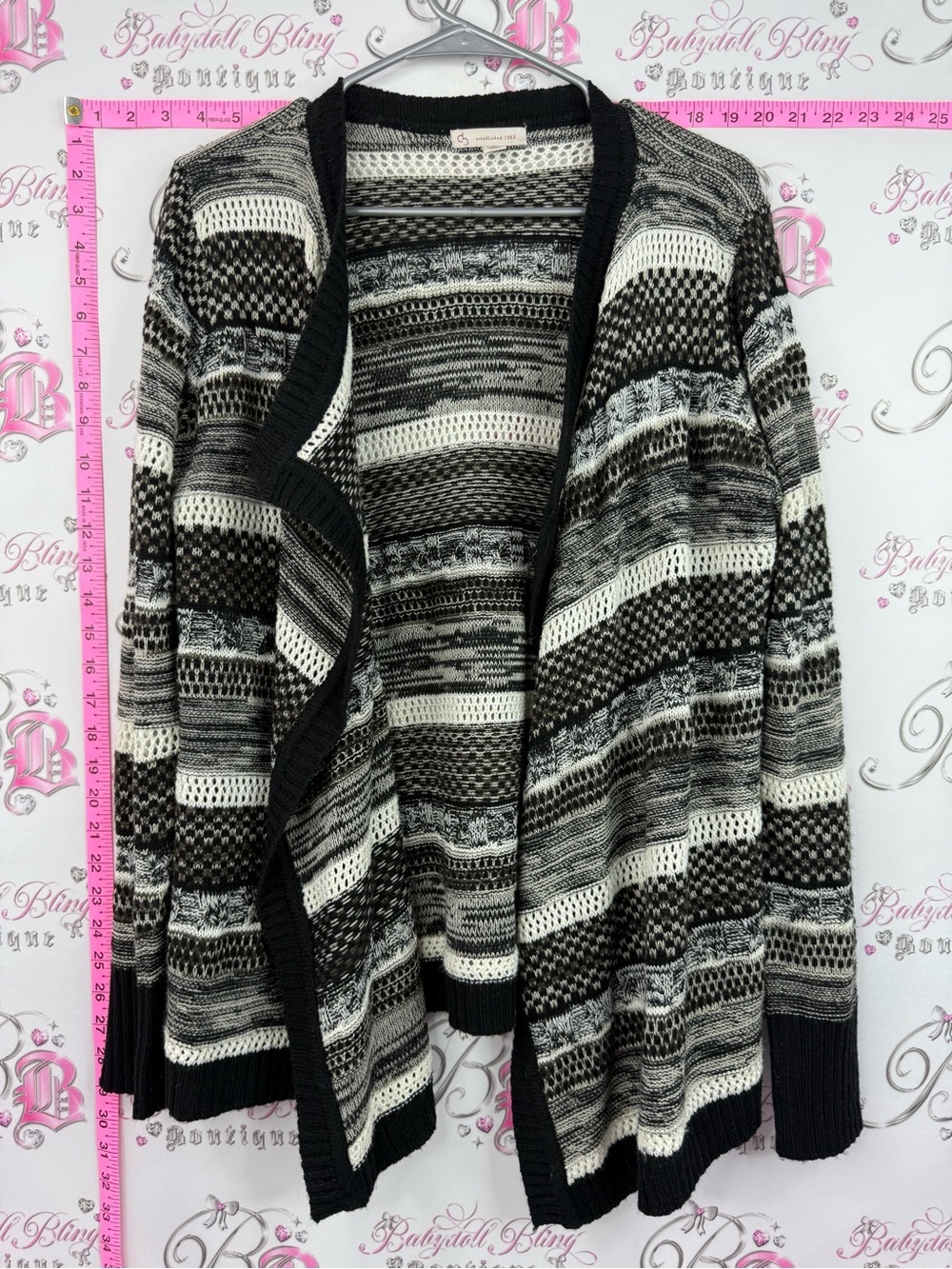 CB Cardigan knit crochet Textured Black & White Open-Front Knit Cardigan